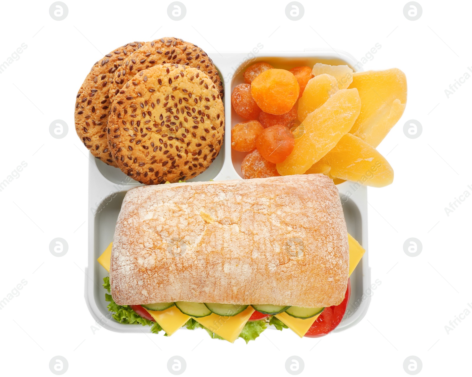 Photo of Lunch box with appetizing food on white background, top view