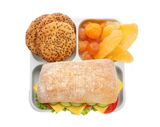 Photo of Lunch box with appetizing food on white background, top view