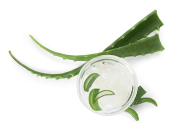 Peeled aloe vera in bowl and pieces of green plant isolated on white, top view