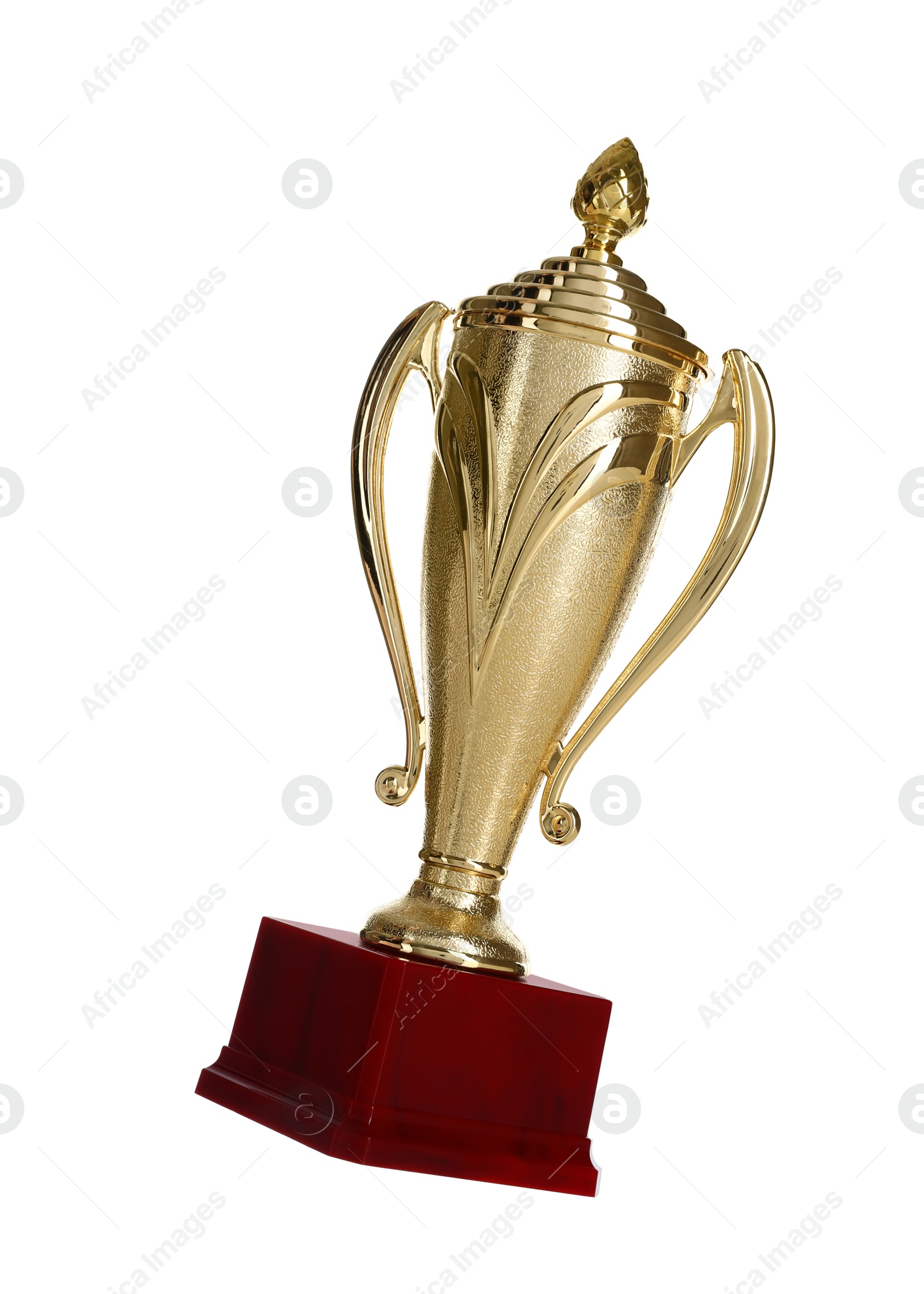 Photo of Shiny gold cup on white background. Winner's trophy