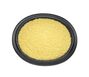 Photo of Bowl of raw couscous isolated on white, top view