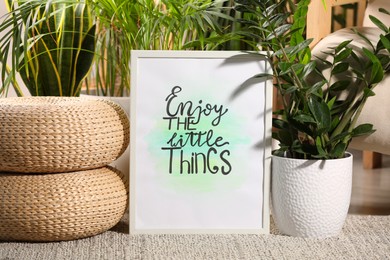 Photo of Frame with words Enjoy The Little Things near houseplants on carpet