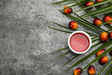 Flat lay composition with palm oil and fresh fruits on grey table. Space for text