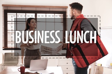 Image of Courier giving order to young woman in office. Business lunch