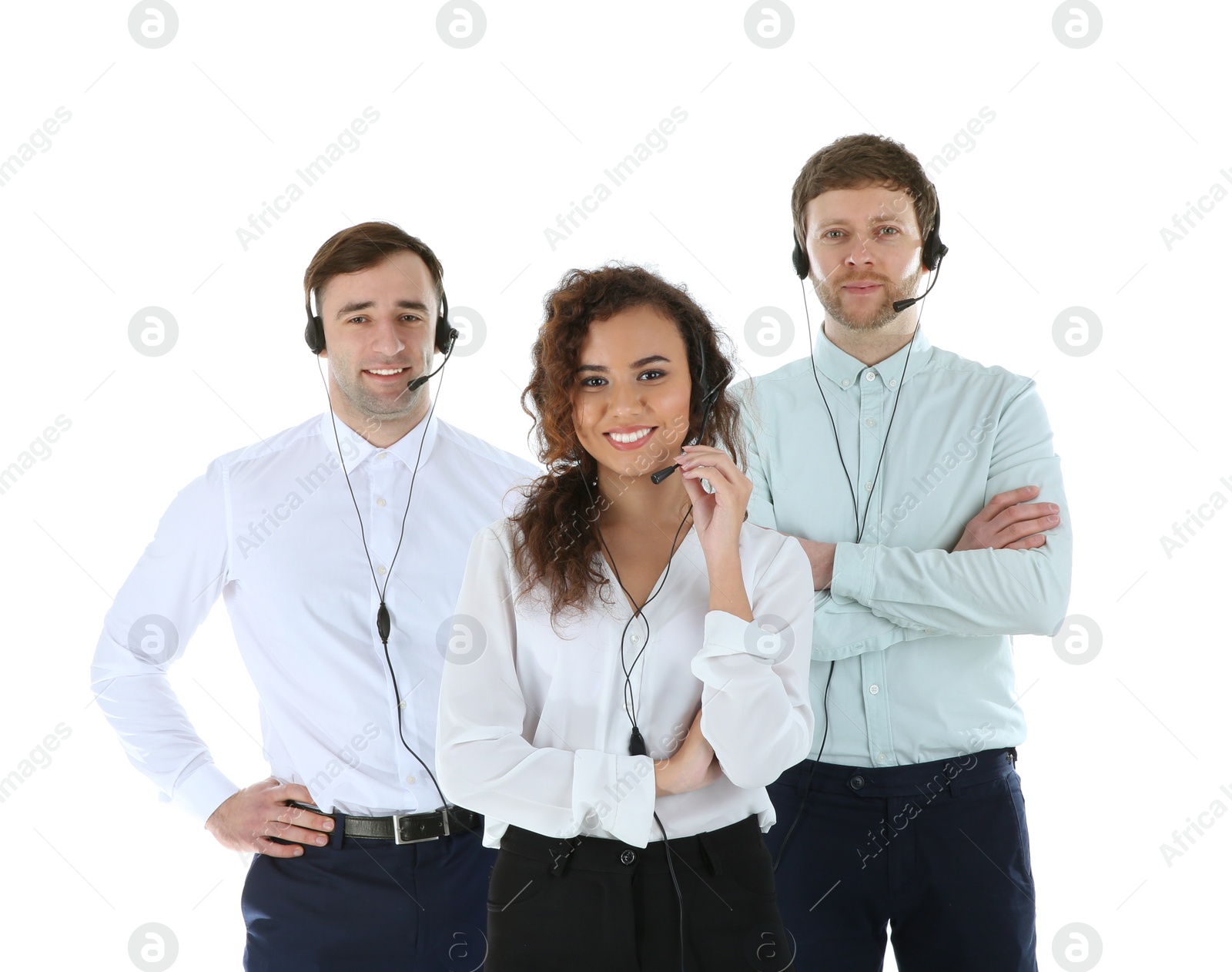 Photo of Team of technical support with headsets isolated on white