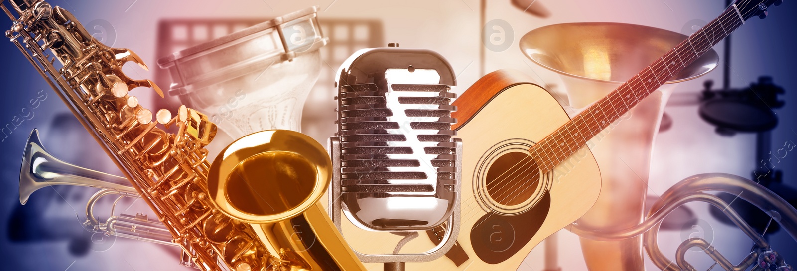Image of Creative banner design. Vintage microphone and different musical instruments