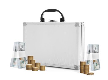 Aluminum hard case, dollar banknotes and stack of coins on white background