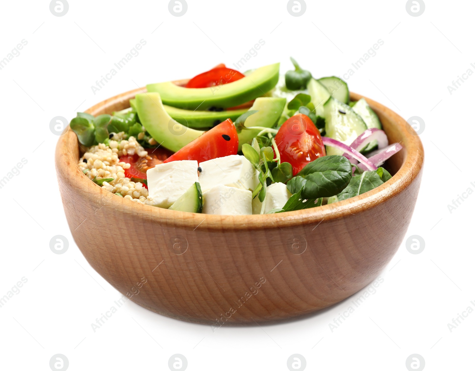 Image of Delicious salad with avocado and quinoa in bowl on white background 