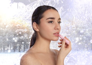 Winter skin care. Woman applying lip balm, frost effect. Beautiful forest on background