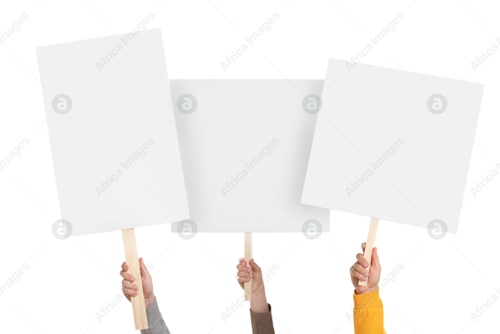 Image of Group of people holding blank protest signs on white background, closeup