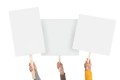 Group of people holding blank protest signs on white background, closeup