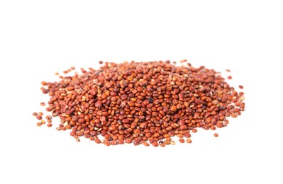 Photo of Pile of raw red quinoa seeds on white background. Vegetable planting