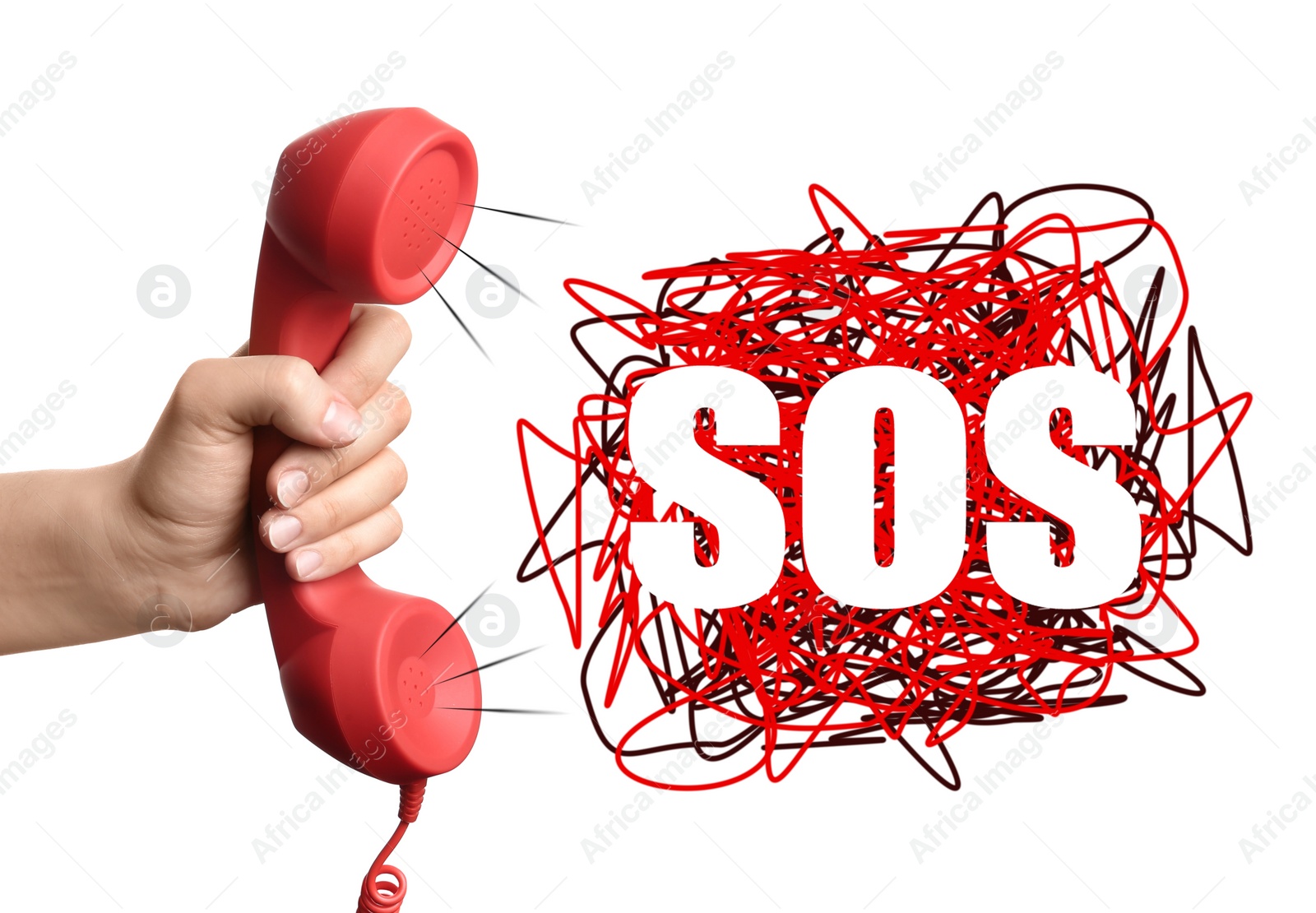 Image of Woman holding telephone handset on white background, closeup. Emergency SOS call