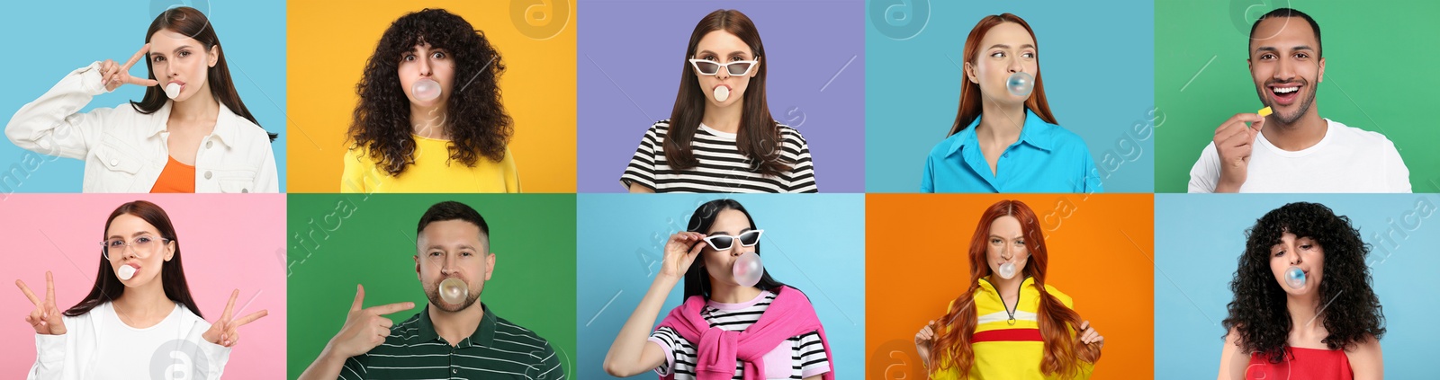 Image of People with bubble gums on color backgrounds, set of photos