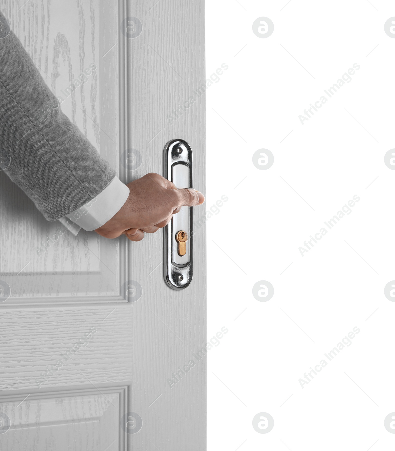 Photo of Man opening wooden door on white background, closeup