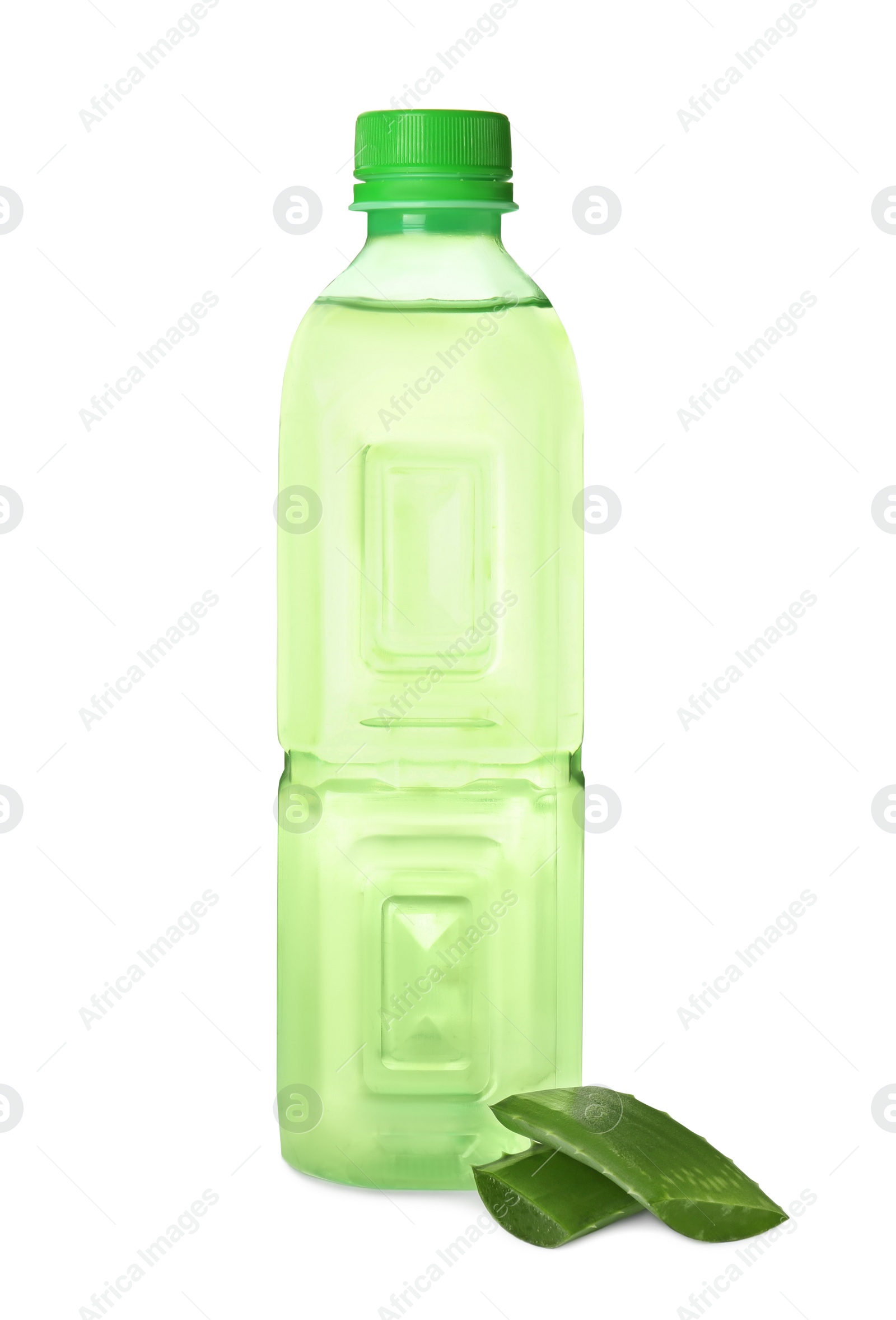 Photo of Bottle with fresh aloe drink and leaf on white background