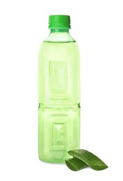 Bottle with fresh aloe drink and leaf on white background