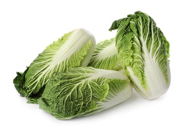 Photo of Fresh tasty Chinese cabbages on white background