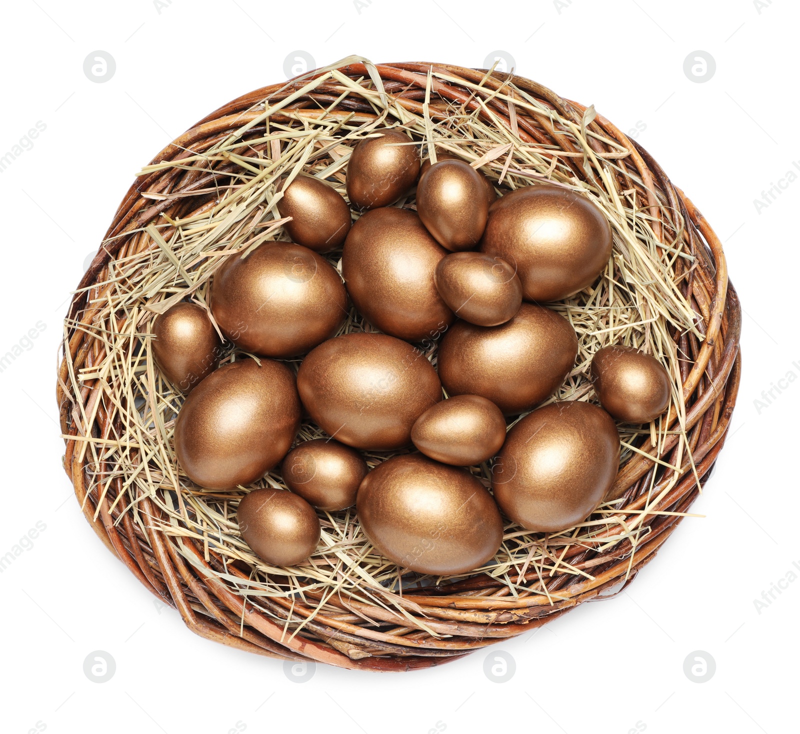 Photo of Nest with golden eggs on white background, top view