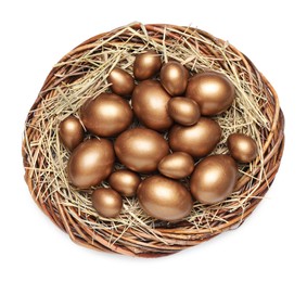 Photo of Nest with golden eggs on white background, top view