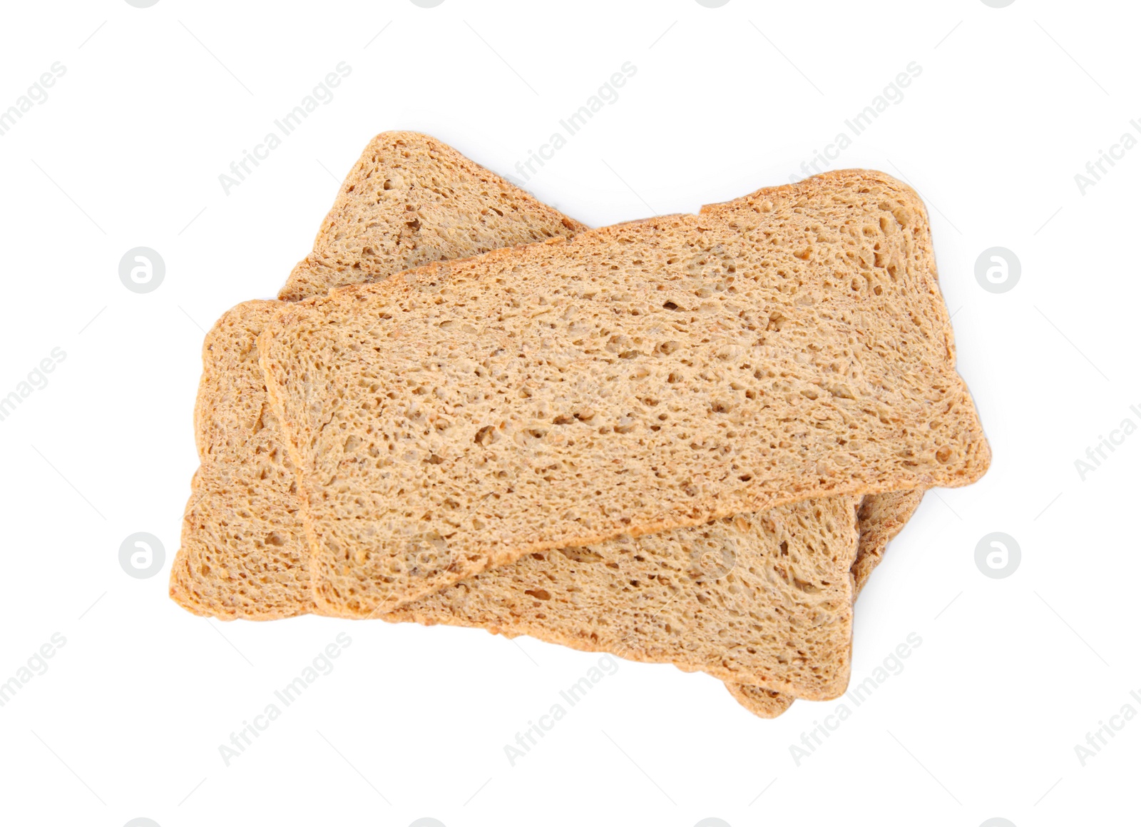 Photo of Fresh rye crispbreads isolated on white, top view