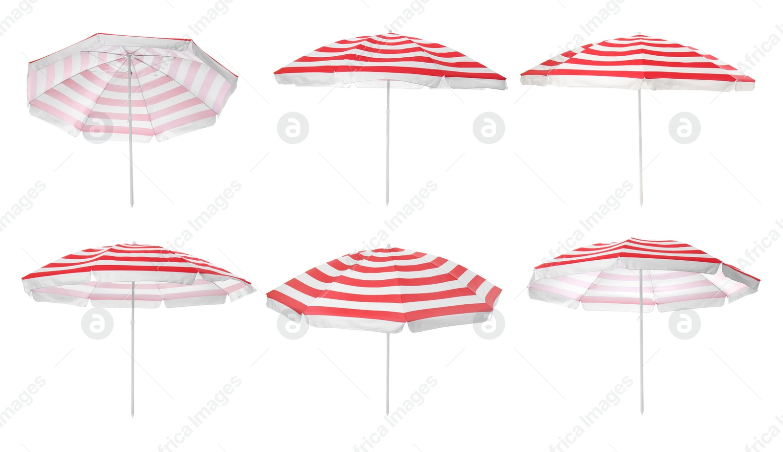 Image of Set with striped beach umbrellas on white background