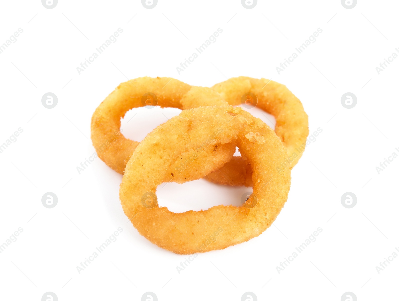 Photo of Delicious golden onion rings isolated on white