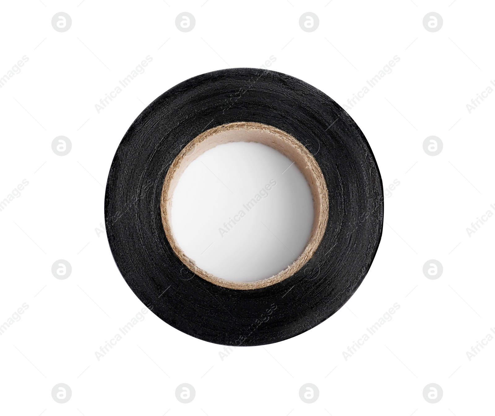 Photo of Black insulating tape isolated on white, top view