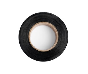 Photo of Black insulating tape isolated on white, top view