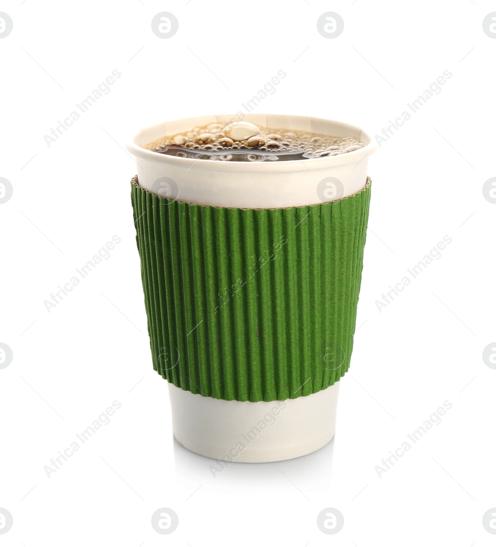 Photo of Aromatic coffee in takeaway paper cup with cardboard sleeve on white background