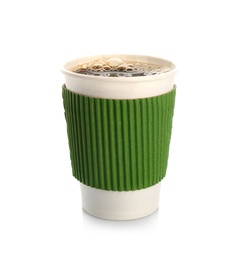 Aromatic coffee in takeaway paper cup with cardboard sleeve on white background