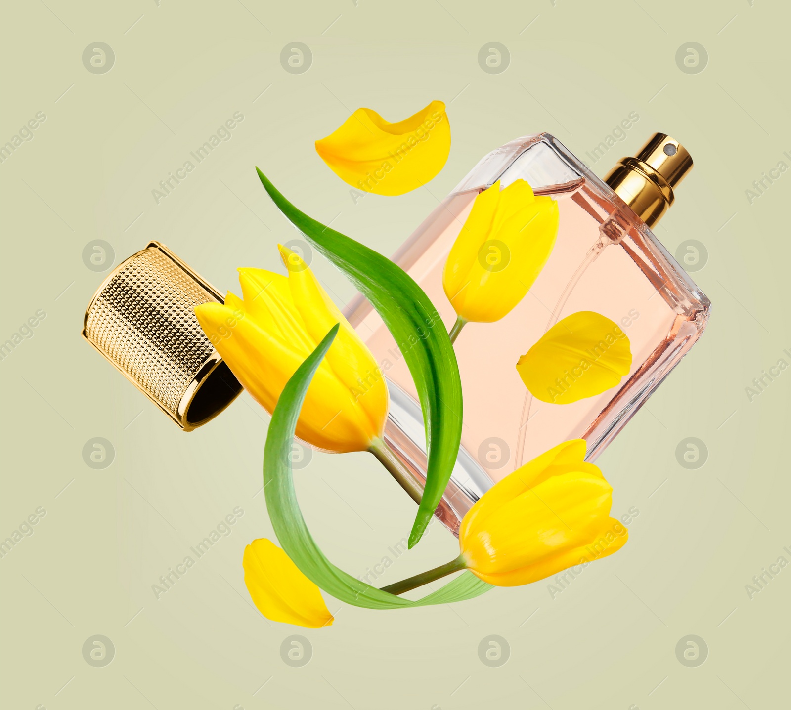 Image of Bottle of perfume and tulips in air on light olive background