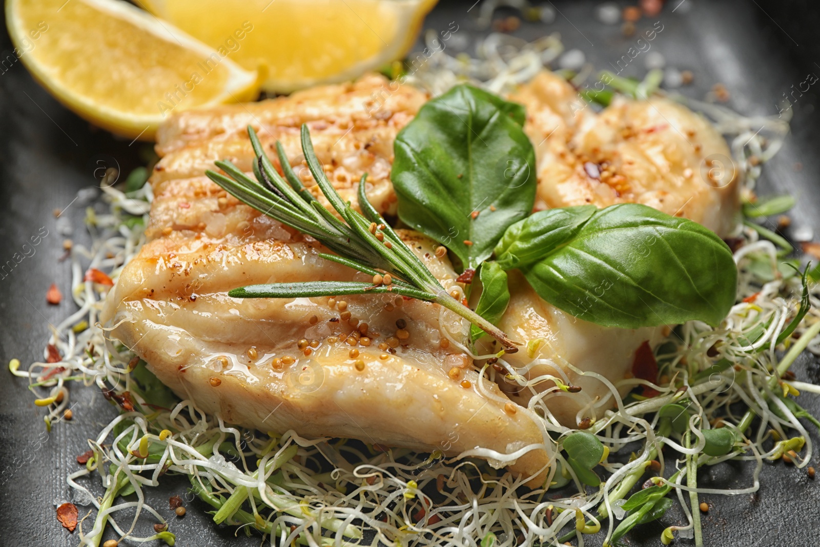 Photo of Tasty grilled fish with herbs in baking dish, closeup