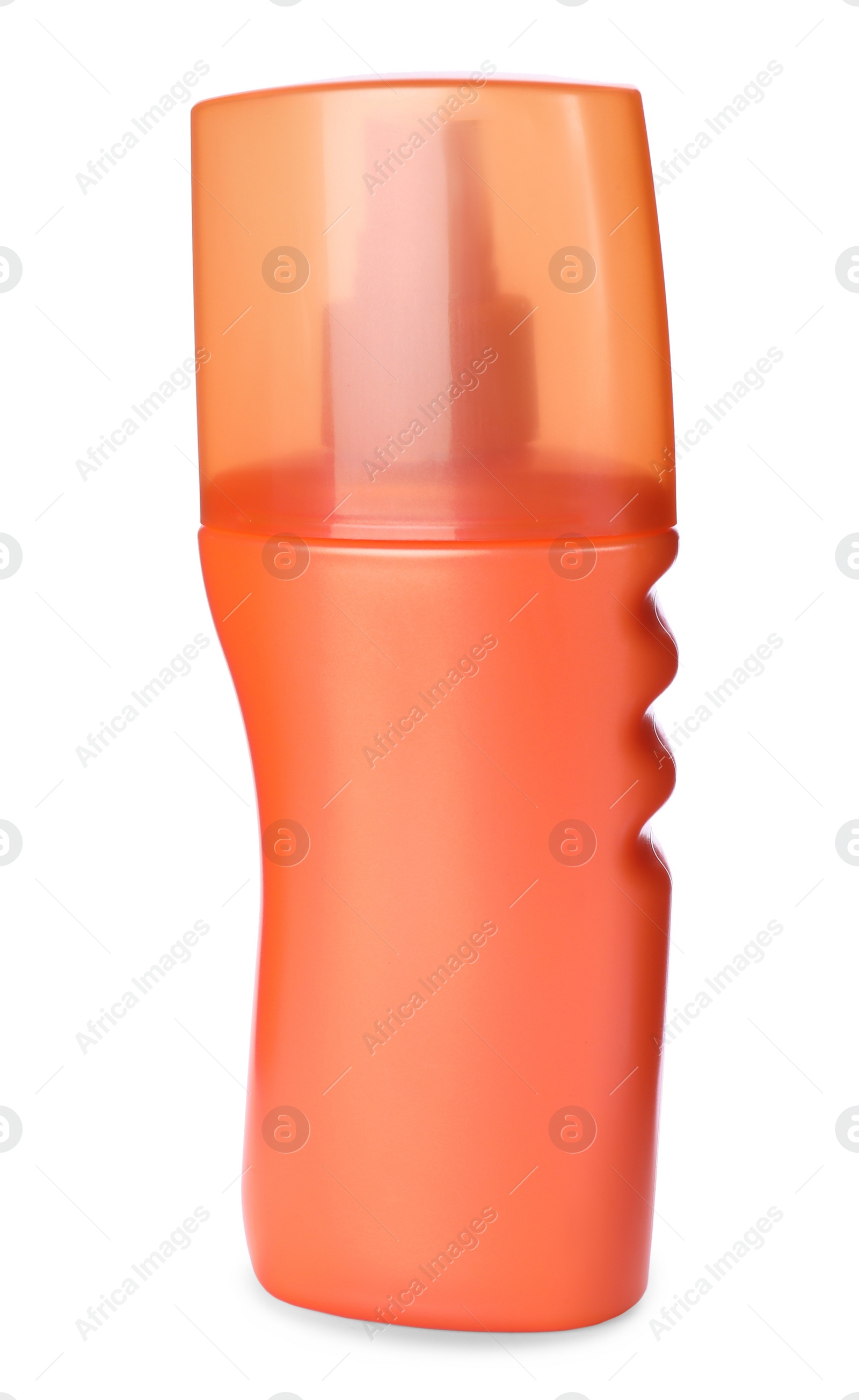 Photo of Bottle with sun protection spray isolated on white