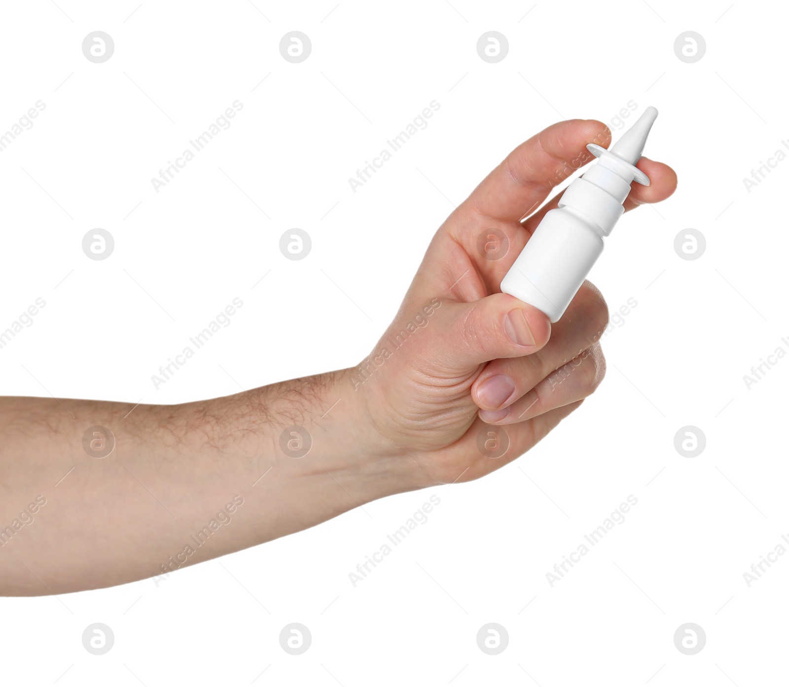 Photo of Man holding nasal spray on white background, closeup