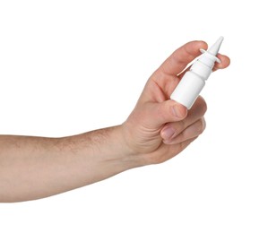 Photo of Man holding nasal spray on white background, closeup