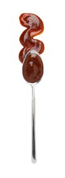 Tasty barbecue sauce and spoon isolated on white, top view