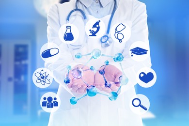 Medical technology concept. Doctor and illustration of different icons on light blue background