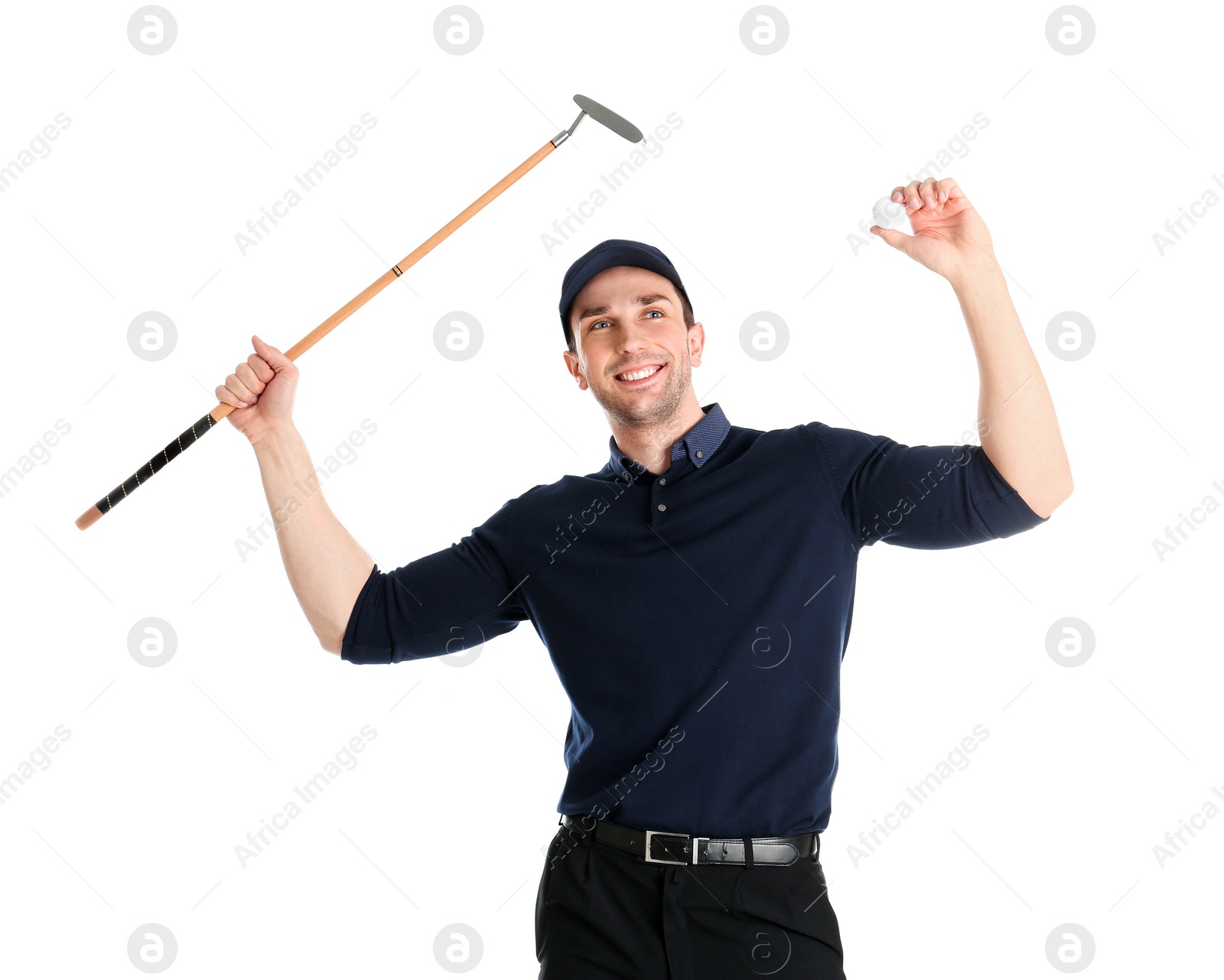 Photo of Portrait of young man with golf club isolated on white