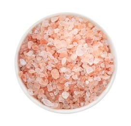 Photo of Pink Himalayan salt in bowl isolated on white, top view