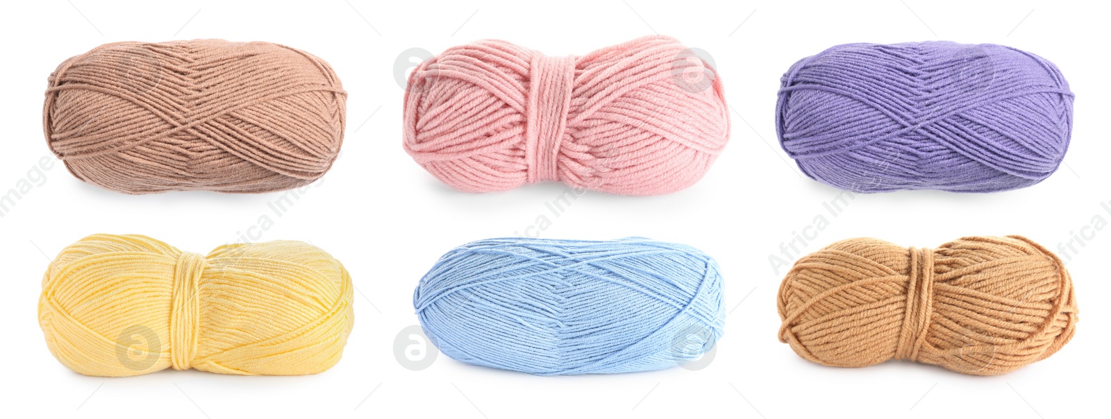 Image of Set with different woolen yarns on white background. Banner design