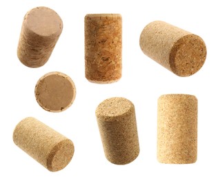 Set with wine corks on white background