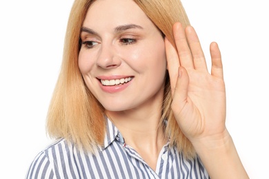 Photo of Portrait of woman with beautiful face on white background