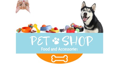 Image of Advertising poster design for pet shop. Cute dog, cat and different accessories on white background