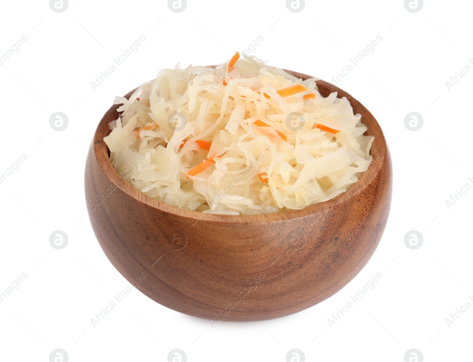 Photo of Bowl of tasty sauerkraut with carrot on white background