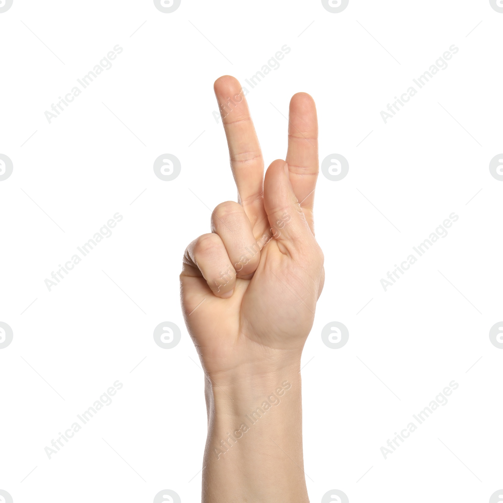 Photo of Man showing K letter on white background, closeup. Sign language