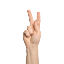 Man showing K letter on white background, closeup. Sign language