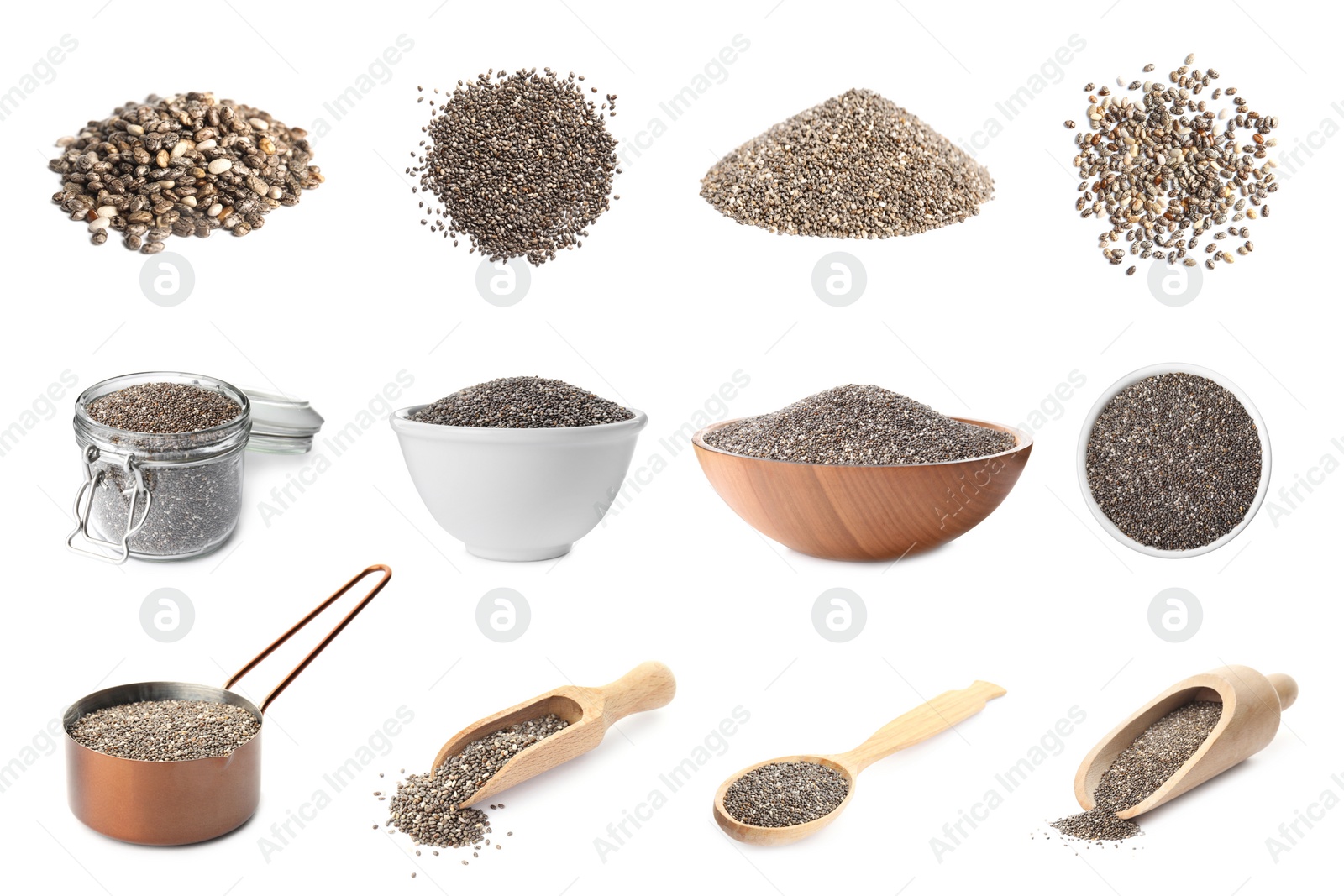 Image of Set of chia seeds on white background 