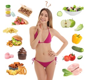 Young slim woman choosing between healthy and unhealthy food on white background