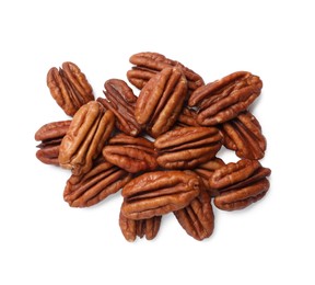 Photo of Tasty pecan nuts isolated on white, top view